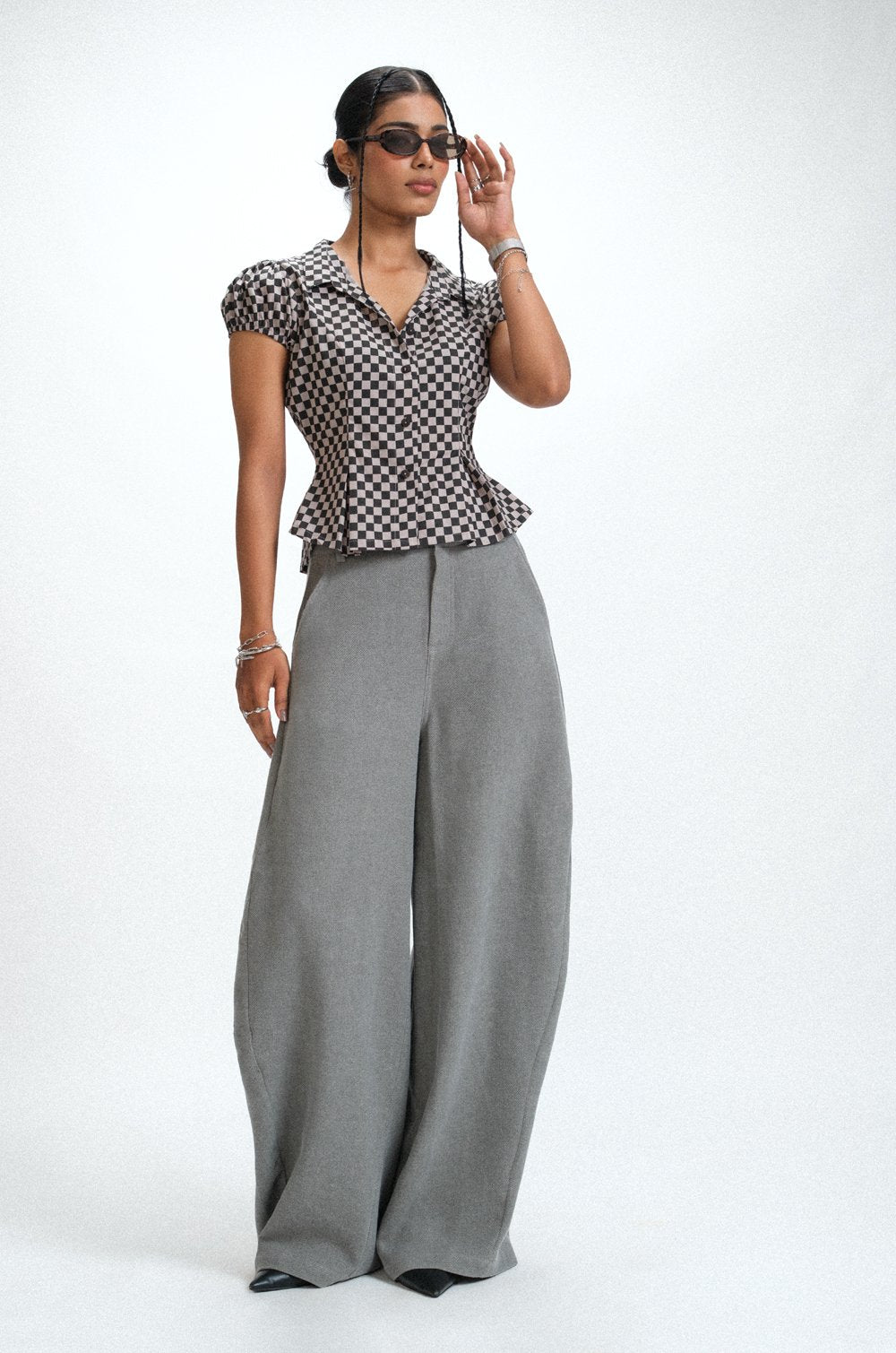 CHECKED PUFF SLEEVE TOP - BLACK