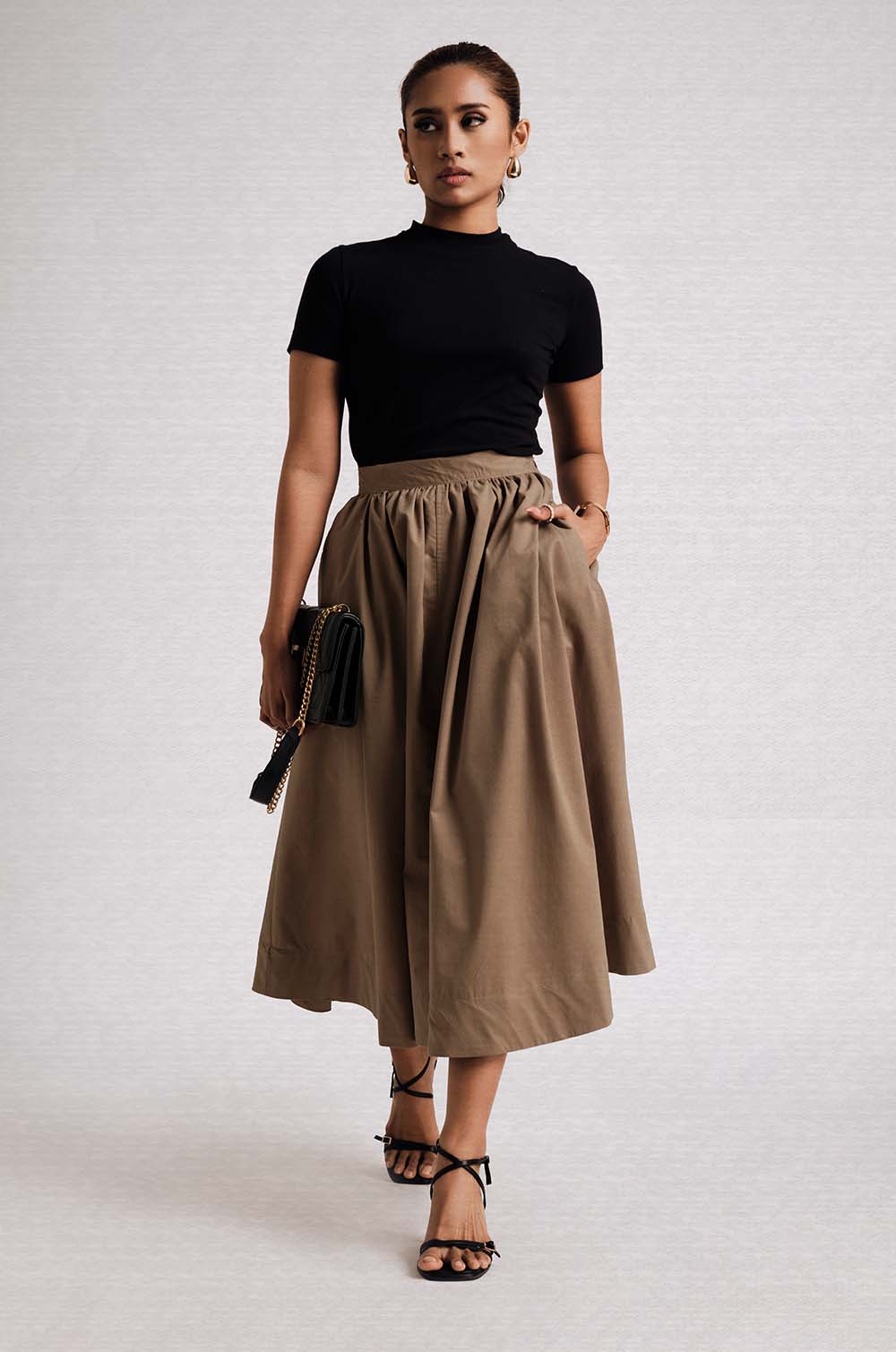 Flared Midi Skirt-Khaki