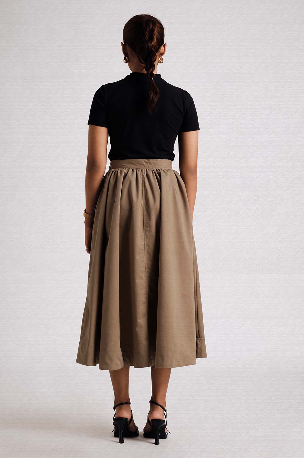 Flared Midi Skirt-Khaki