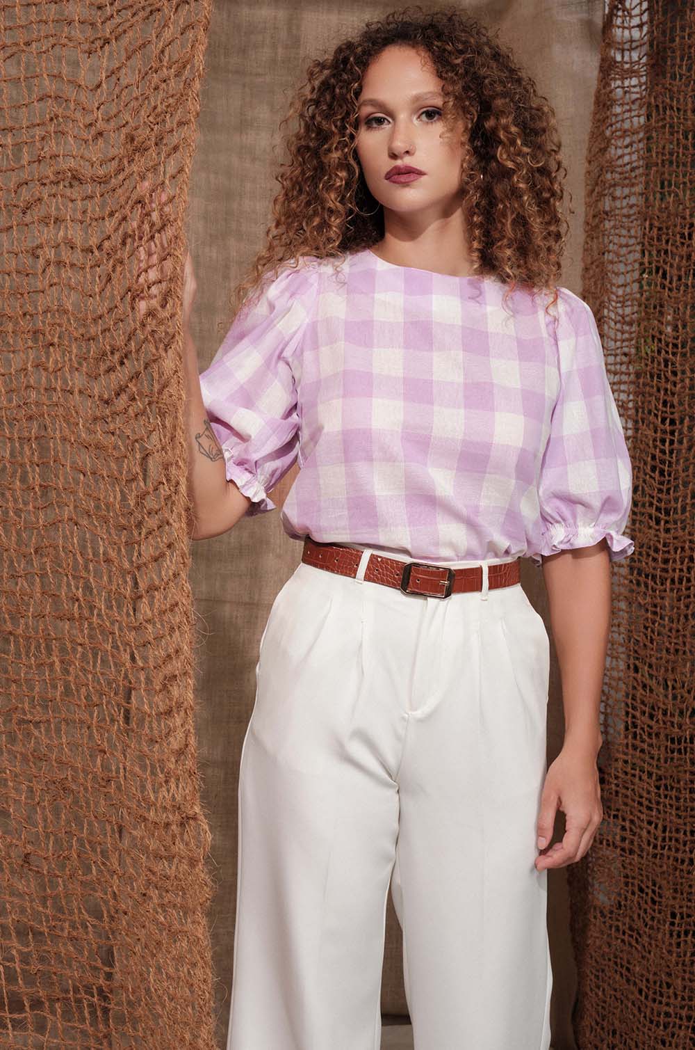 Checked Puff Sleeve Top - Purple