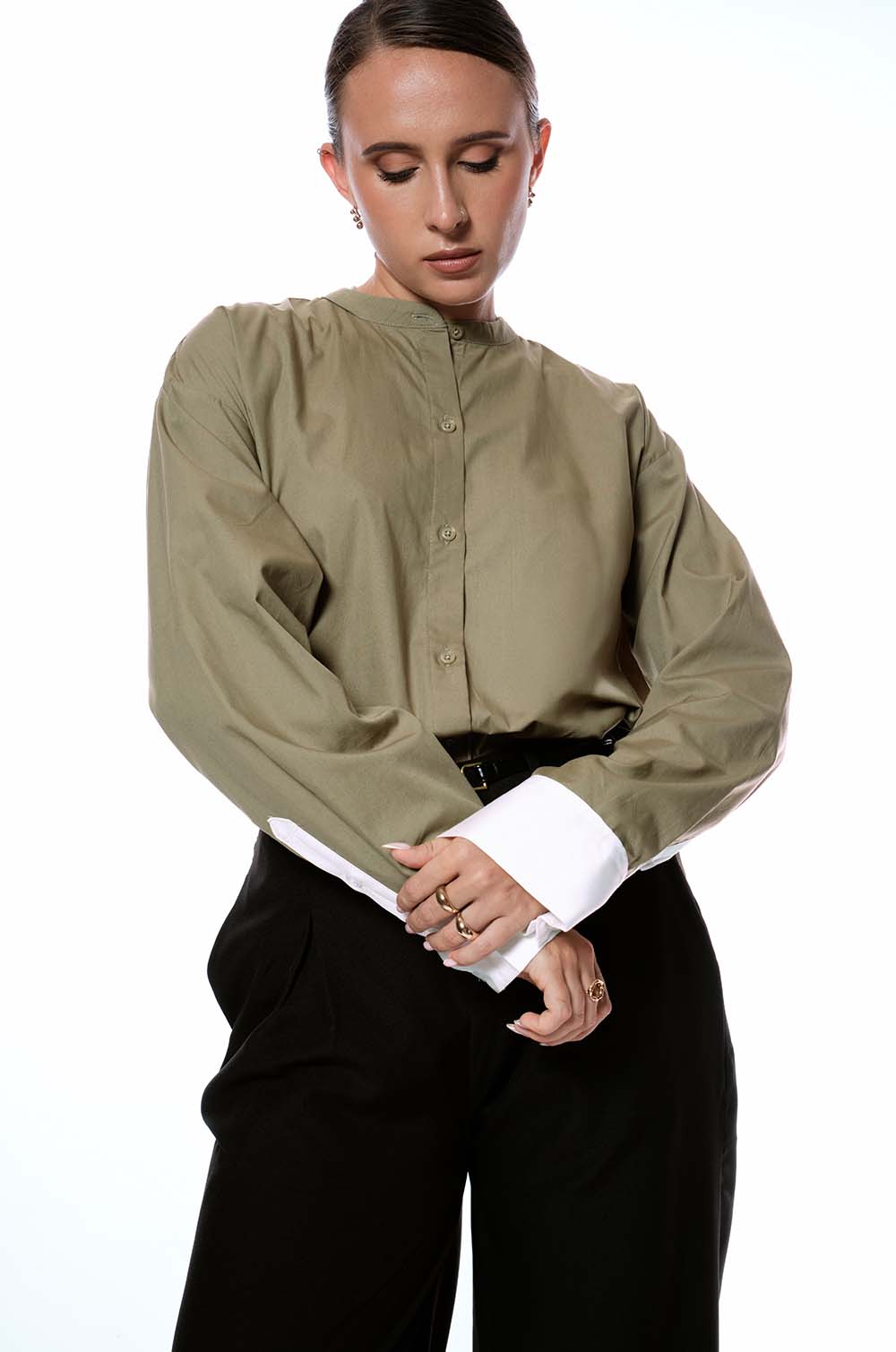 CONTRAST CUFF OVERSIZED SHIRT - OLIVE