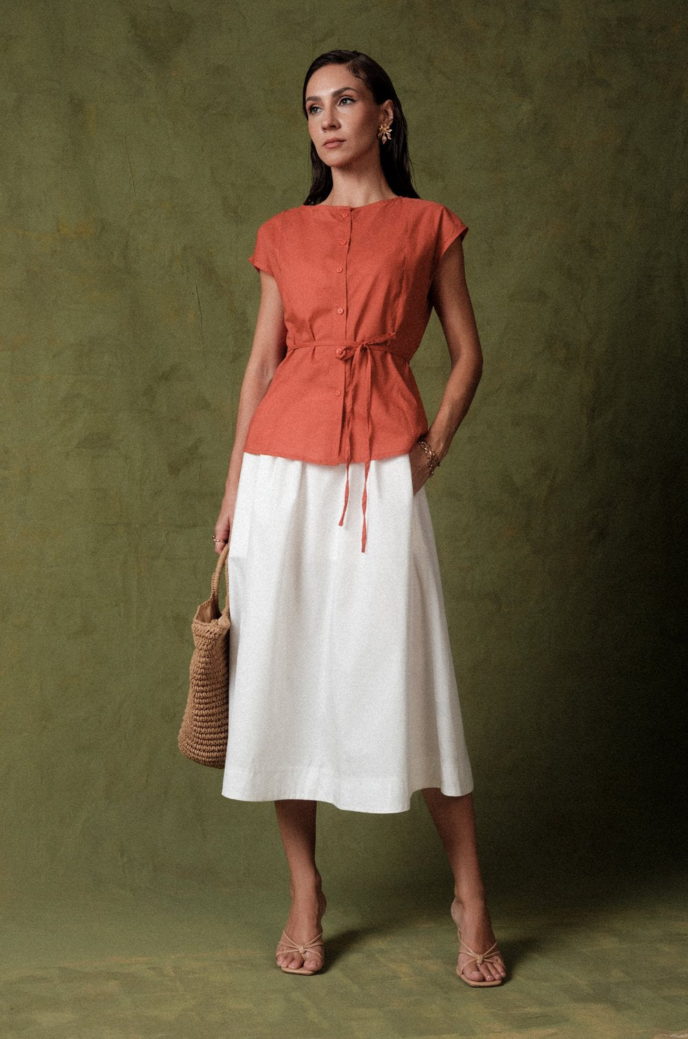 CAP SLEEVE BLOUSE WITH WAIST TIE - ORANGE
