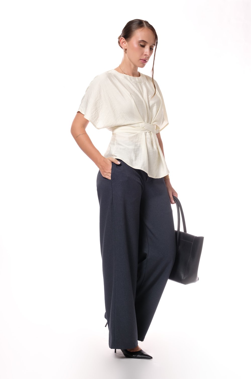 WAIST-CINCHING CROSS-OVER TOP - OFF WHITE