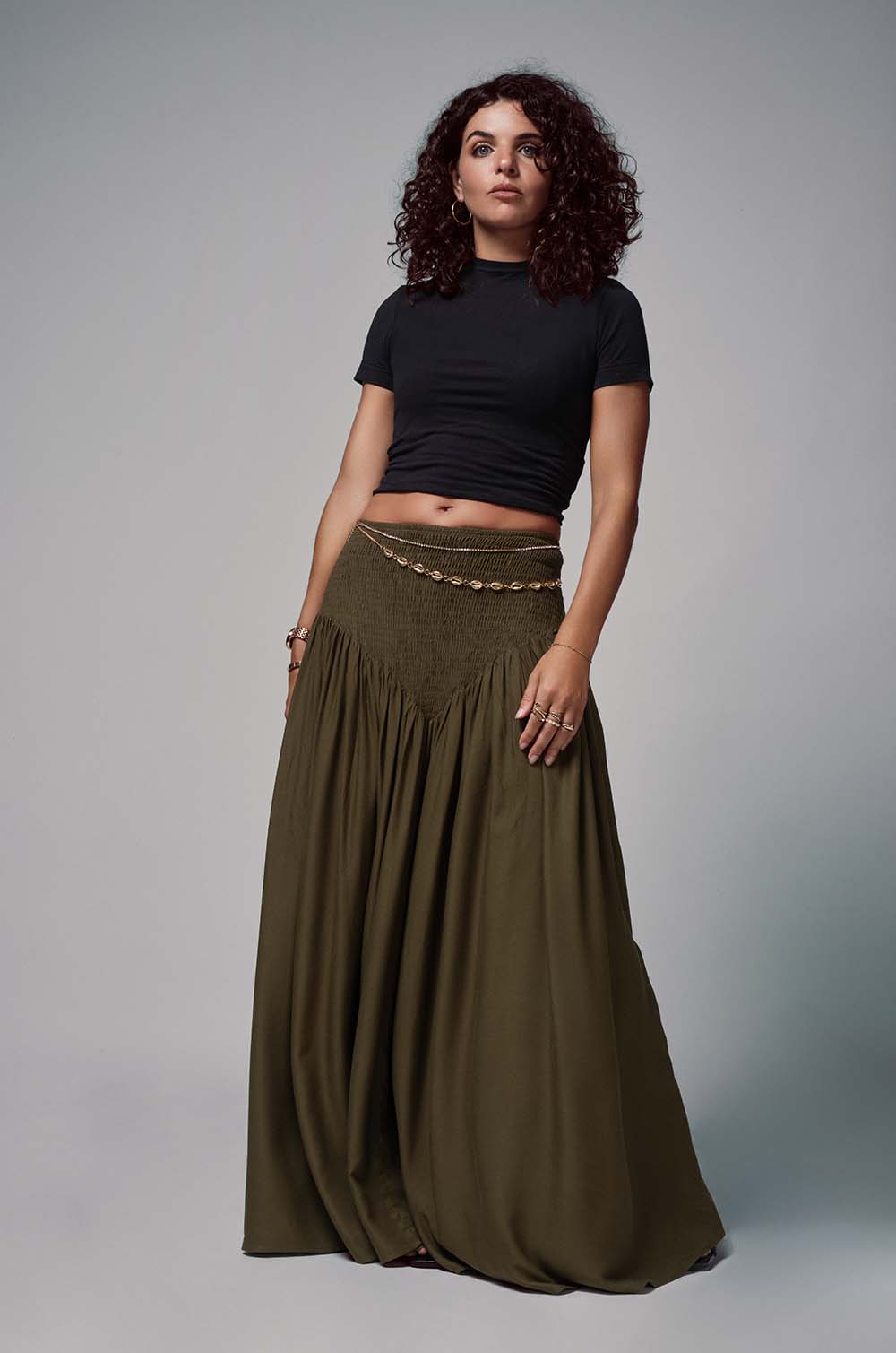 Smocked Maxi Skirt Olive