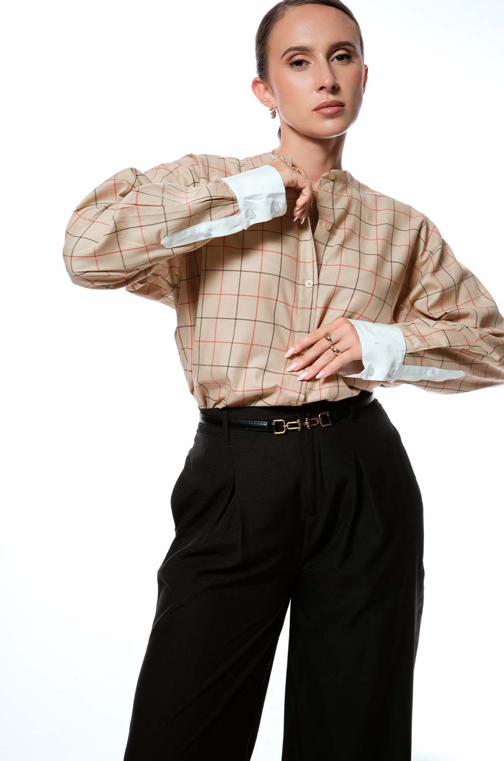 CONTRAST CUFF OVERSIZED SHIRT - CHECK