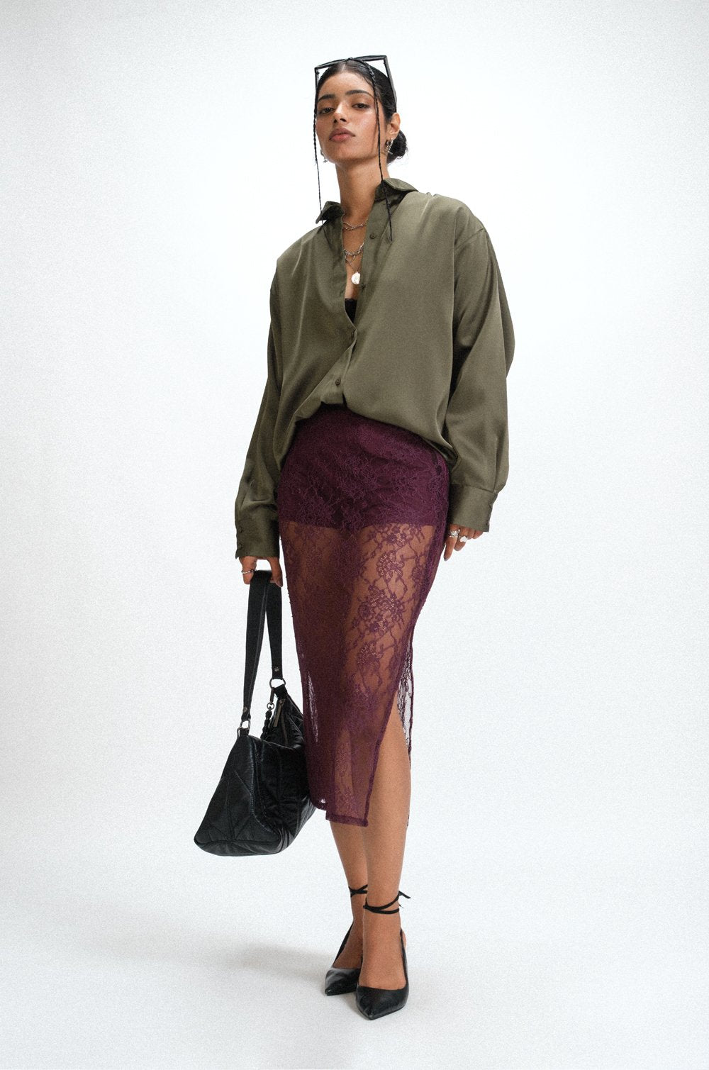 MIDI LACE SKIRT WITH INNER SHORT - BURGANDY