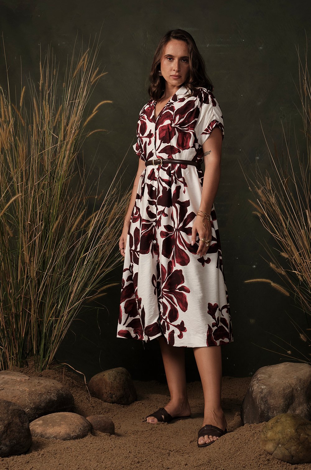 GATHERED SHOULDER MIDI DRESS - BURGANDY PRINT