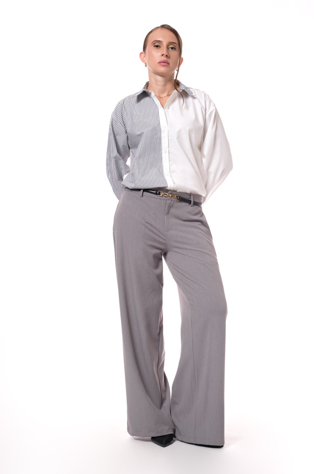 PINSTRIPE LOW WAIST STRAIGHT CUT PANT - GREY