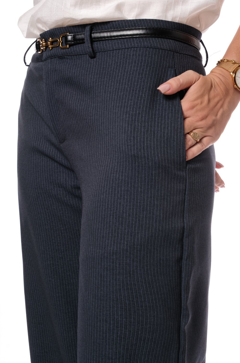 PINSTRIPE LOW WAIST STRAIGHT CUT PANT - NAVY
