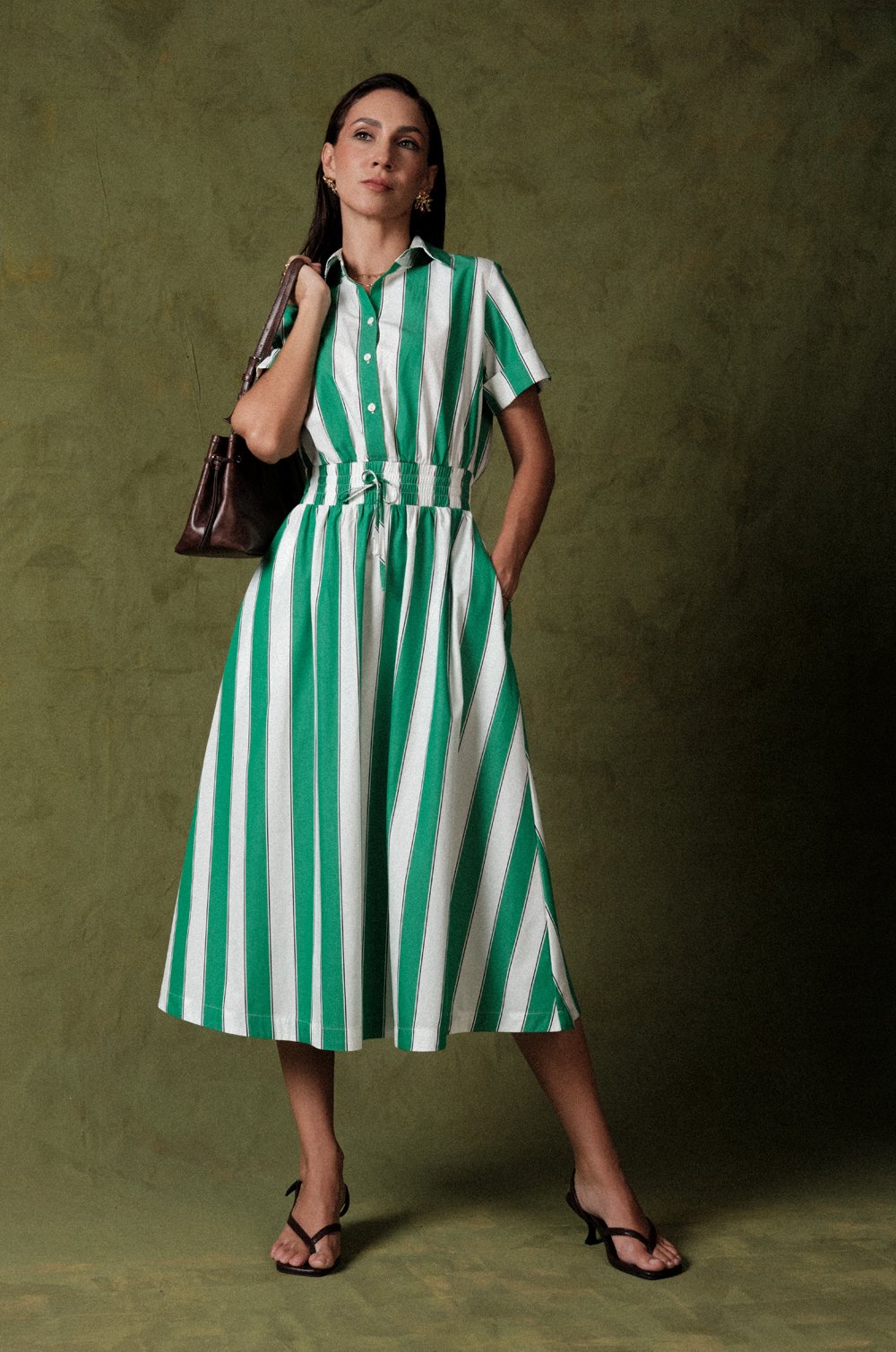 MIDI SHIRT DRESS WITH GATHERED WAIST - GREEN & WHITE STRIPE