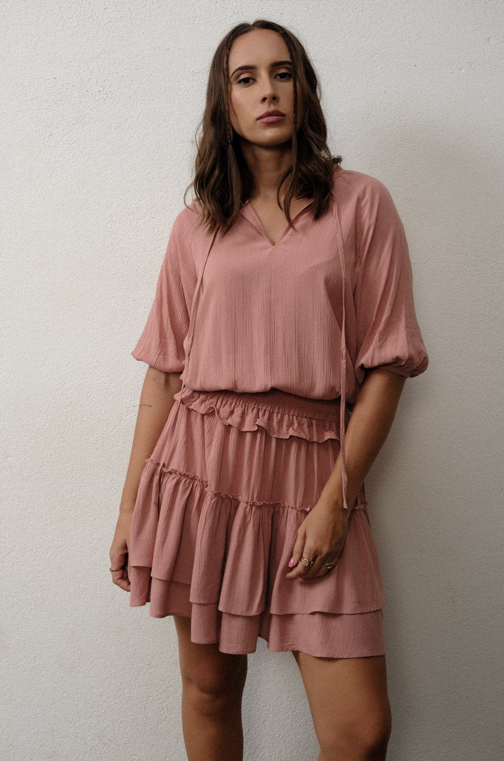 FRILL-TRIMMED MINI DRESS - DUSTY PINK