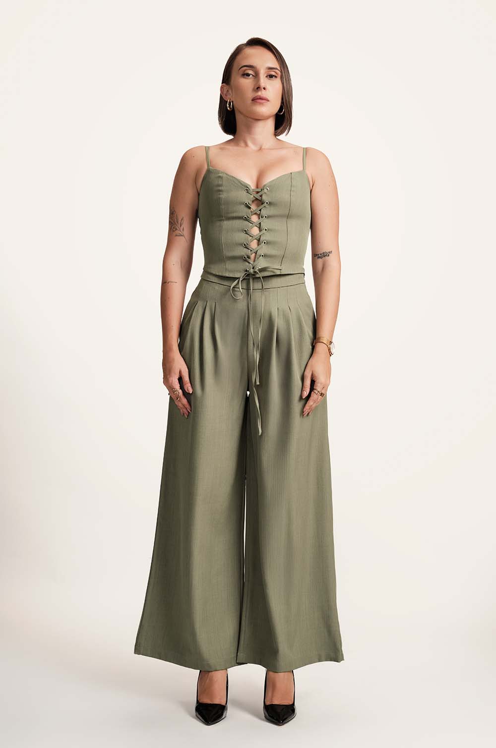 Pleated Flared Pants - GREEN